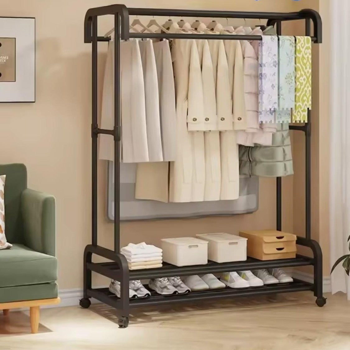 Double Pole Wheeled Clothes Drying Rack with Shoe Rack
