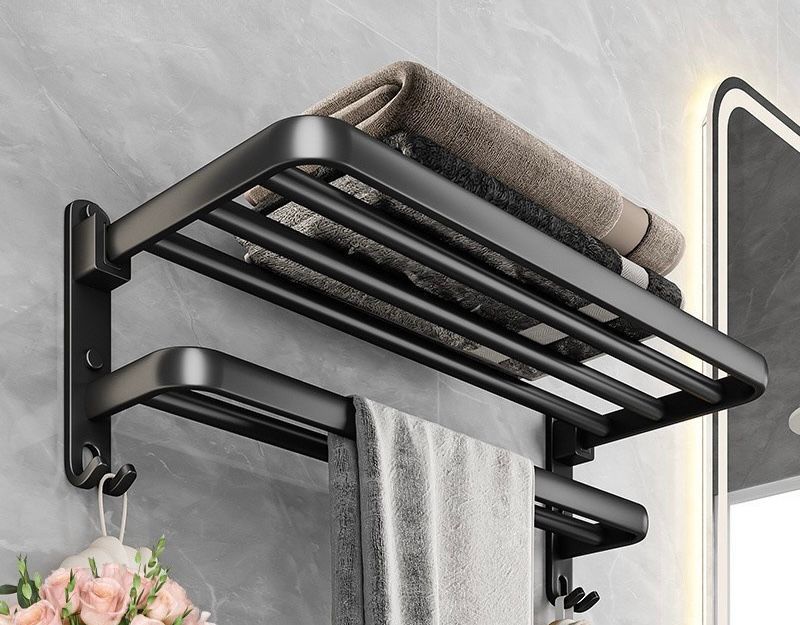 60cm Black Bathroom Wall Mounted Towel Rack with Hooks