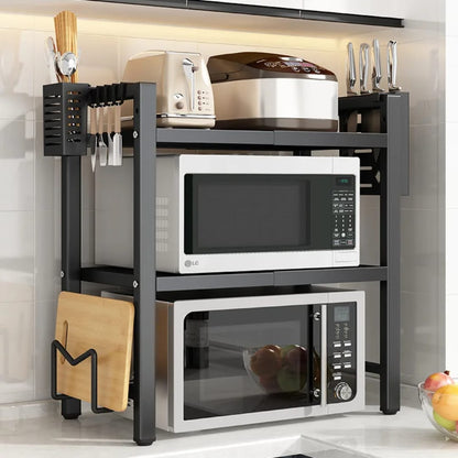Double layer adjustable microwave stand made of carbon steel with black rust resistant finish for kitchen storage.
