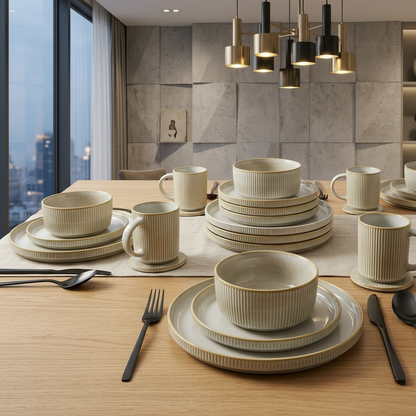 24 Piece dinner set with 6 dinner plates, 6 side plates, 6 bowls, and 6 mugs for complete family dining