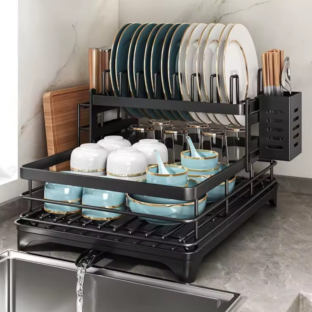 Carbon Metal Two Layer Dish Rack with Chopping and Cutlery Holder
