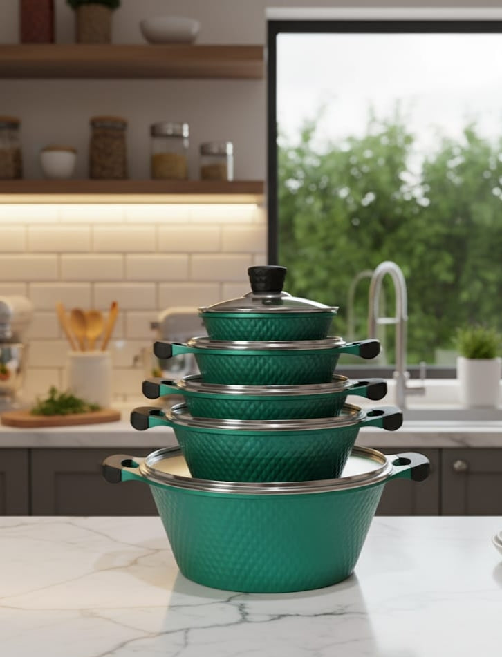 10Pcs Granite Cookware Set With Green Body And Black Handles