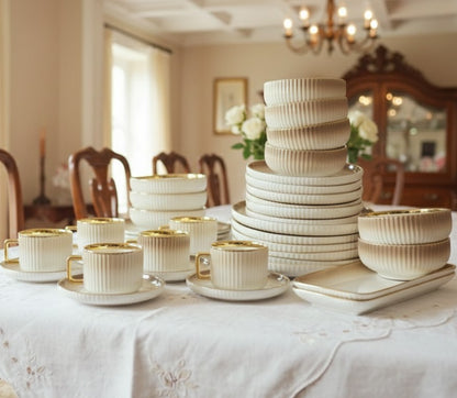 32-piece European porcelain dinner set with plates, bowls, mugs, saucers, and platters