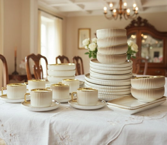 32-piece European porcelain dinner set with plates, bowls, mugs, saucers, and platters