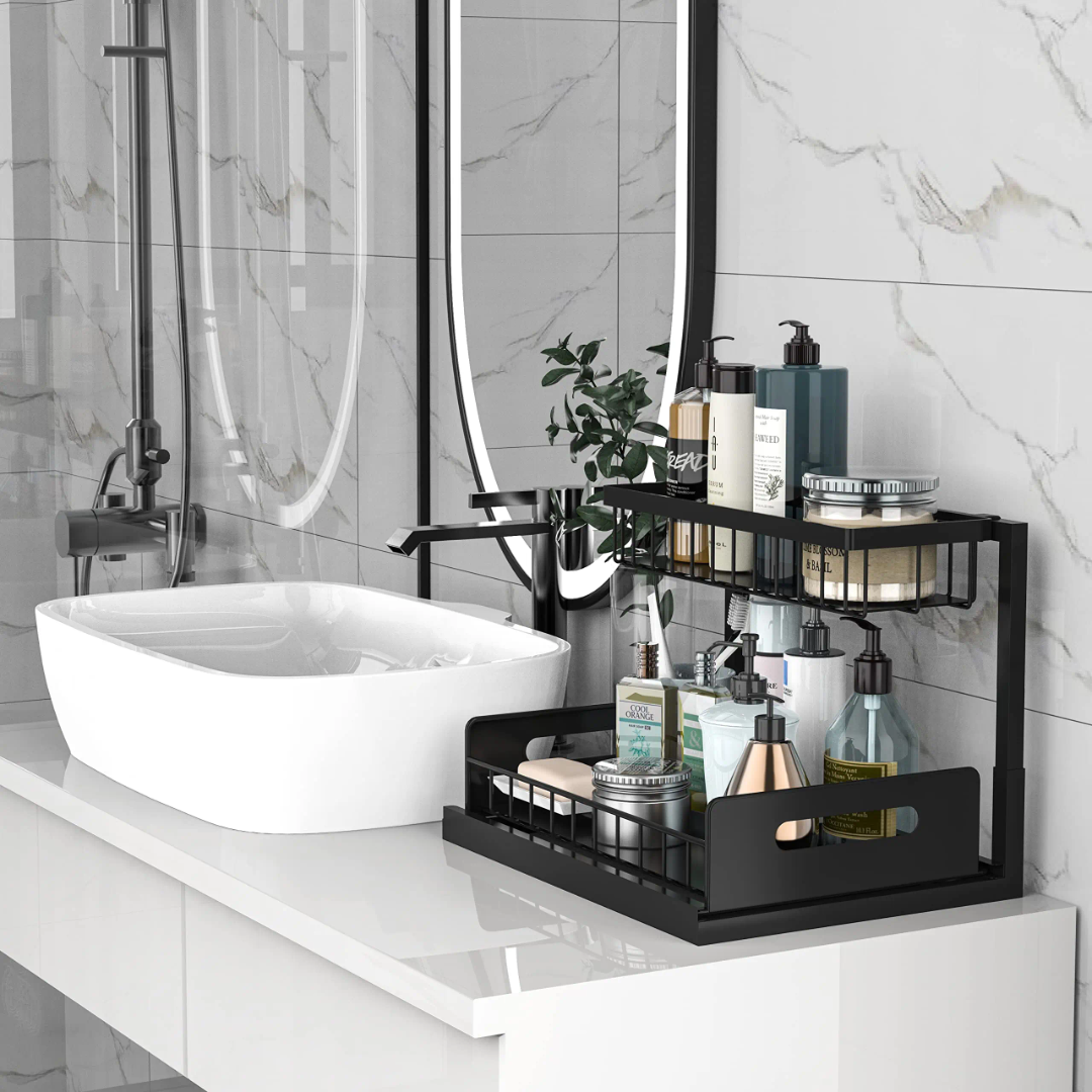 2 Tier Metallic Sliding Pull Out Cabinet Organizer Rack