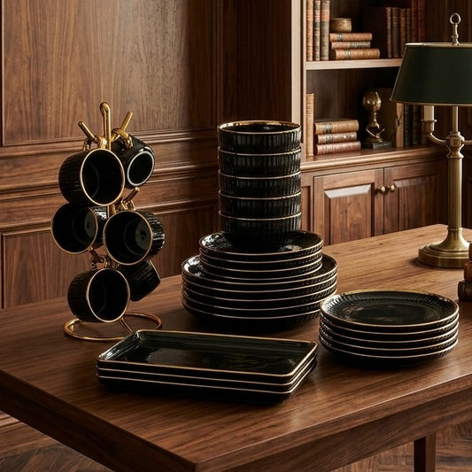 32 piece dinner set including plates, bowls, cups, saucers, and platters for complete dining use.