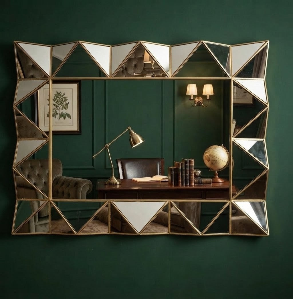 Luxury decorative wall mirror with an elegant gold panel frame measuring 75 × 56 cm, ideal for modern living rooms, bedrooms, hallways, and offices.