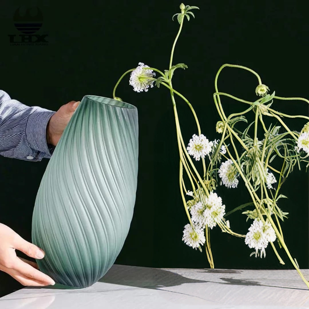 Green Nordic glass flower vase with minimalist modern design, 30cm height