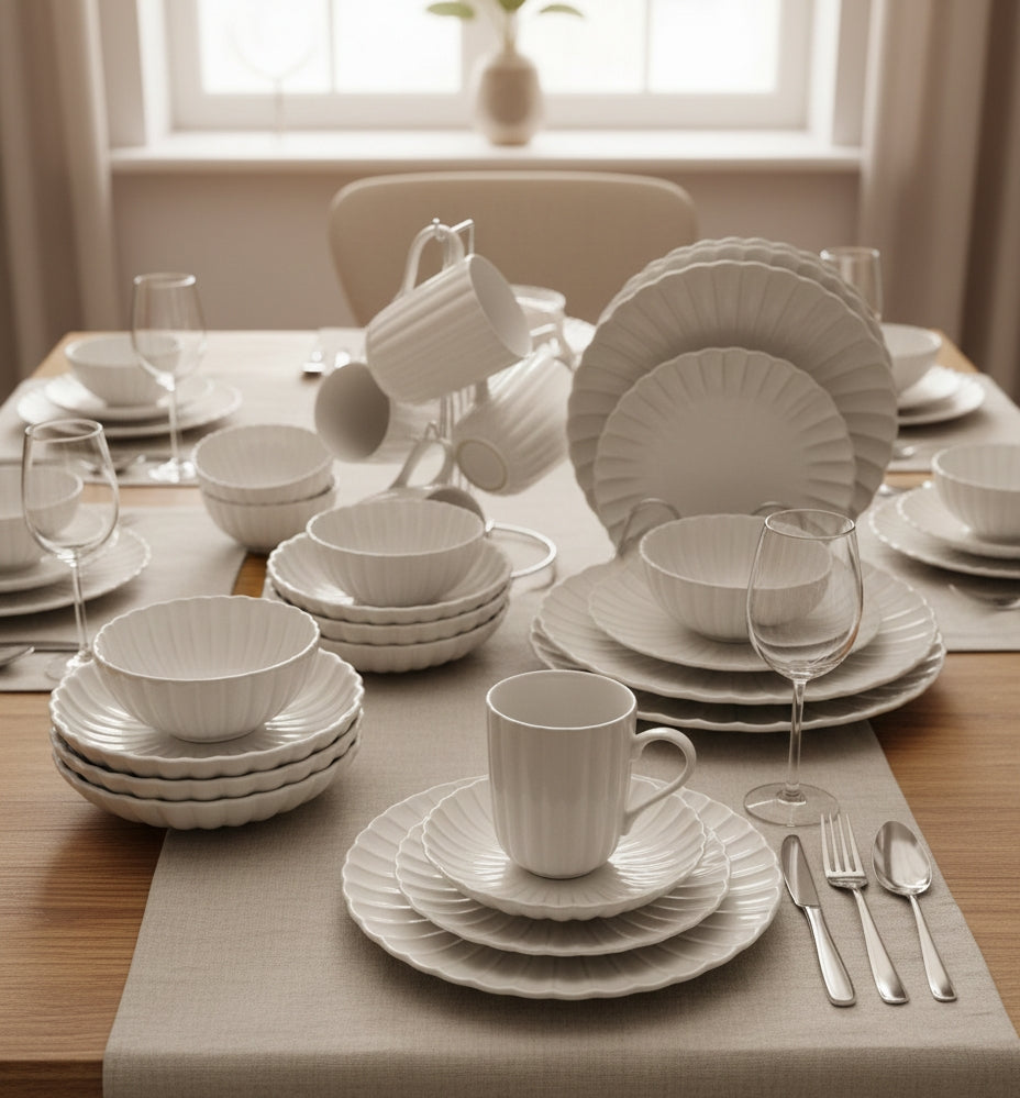 30 Pieces European Scalloped Ceramic Porcelain Dinnerware Set