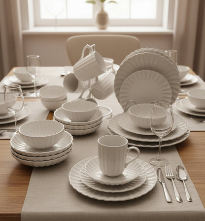 30 Pieces European Scalloped Ceramic Porcelain Dinnerware Set