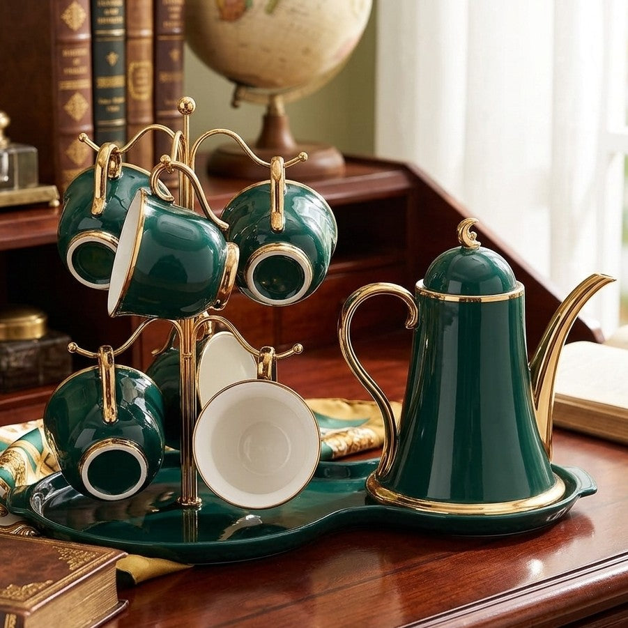 Ceramic 9pc Tea Set with Cup Stand Kettle and Tray