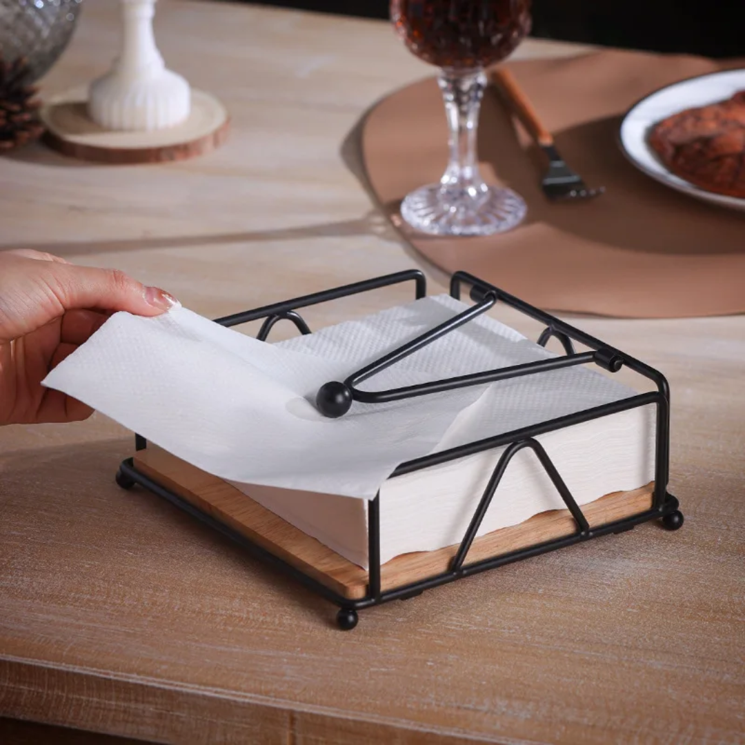 Metallic Serviette Holder With  Bamboo Base