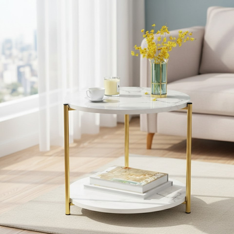 Round Side Coffee Table With Marble Effect