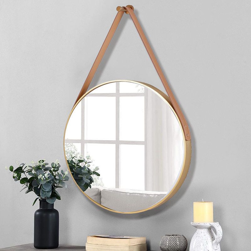Nordic round wall hanging mirror with leather strap, 60cm, available in black and gold.