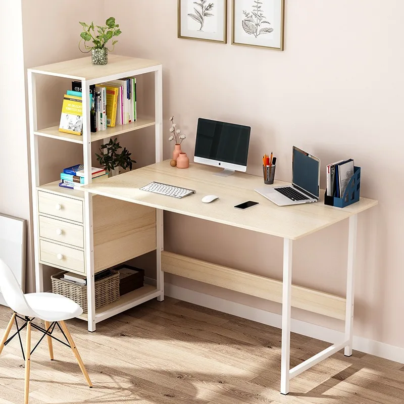 Minimalist workstation with a wood top, metal frame, side storage shelves, and two drawers, measuring 120 × 40 cm with a height of 110 cm.