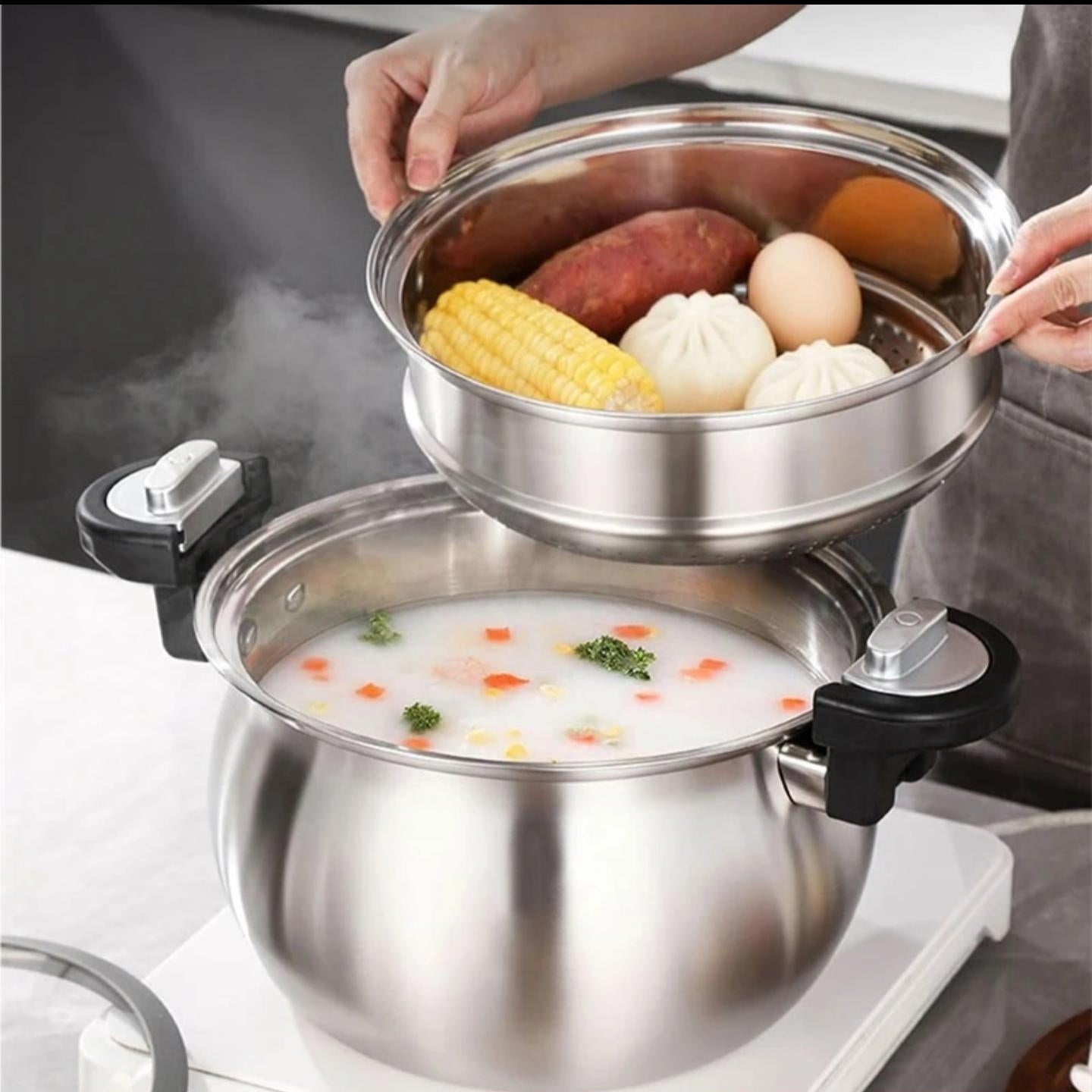 304 Triply Stainless Steel 2 in 1 Micro Pressure Cooker with Steamer Pot 8L