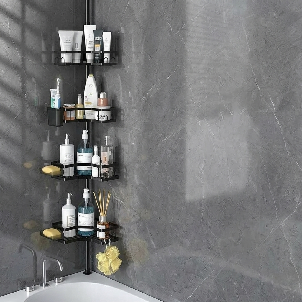 Telescopic corner bathroom organizer with adjustable shelves and adhesive stickers