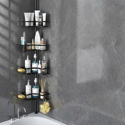 Telescopic corner bathroom organizer with adjustable shelves and adhesive stickers