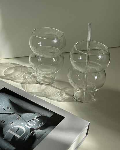 Set of 6 unique gourd-shaped borosilicate glass cups, 550ml each, with optional straws