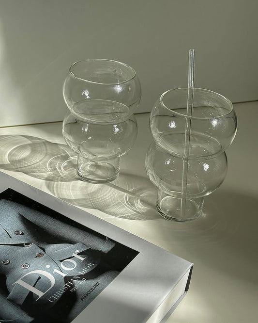 Set of 6 unique gourd-shaped borosilicate glass cups, 550ml each, with optional straws