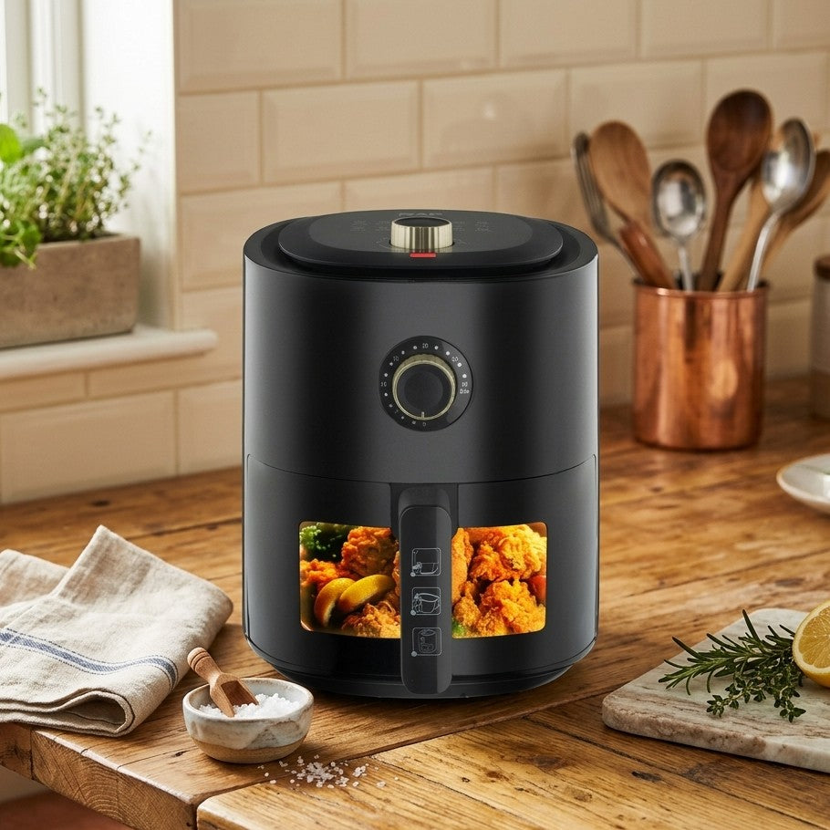 Black 6L visible window air fryer with 1500W power and 360° hot air circulation technology.