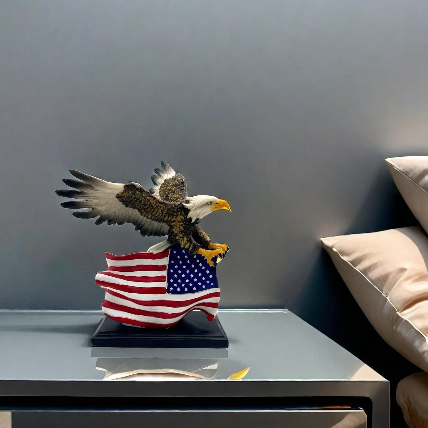 American bald eagle figurine with American flag design for patriotic home, office, and interior décor.