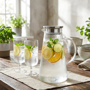 Transparent 1.9L borosilicate glass jug for serving hot and cold beverages. 