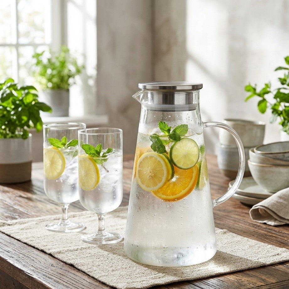Transparent 1.9L borosilicate glass jug for serving hot and cold beverages. 