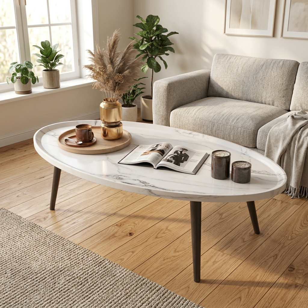 80 × 55 × 38cm Oval Wooden Coffee Table with Solid Wood Legs