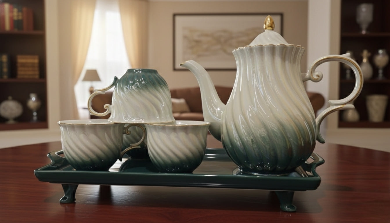 8-piece Ceramic tea and coffee set with tray, kettle, and six cups