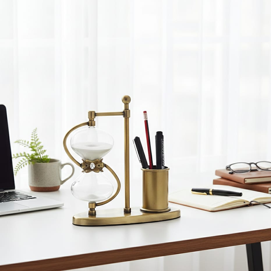 Rotating Hourglass with Brass Pen Holder