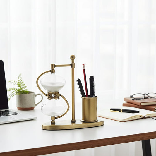 Rotating Hourglass with Brass Pen Holder