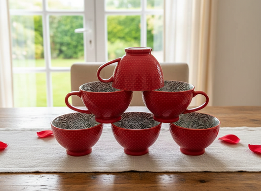 Hand printed porcelain cups with 355 ml capacity set of six.