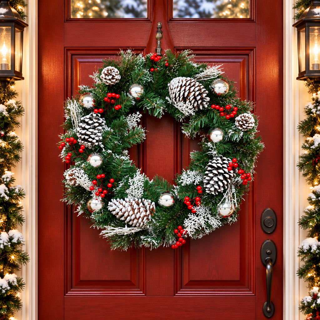32cm Snow Christmas Wreath with Pine Cones and Berries