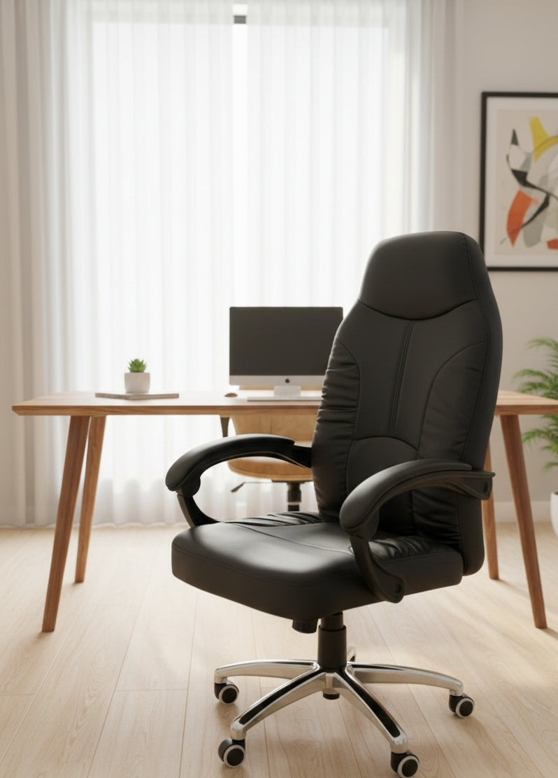 High-back executive office chair with padded cushioning.