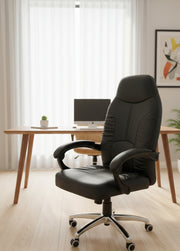 High-back executive office chair with padded cushioning.