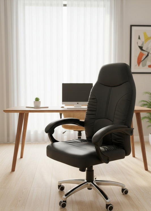 High-back executive office chair with padded cushioning.