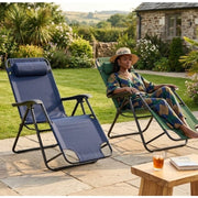 Dawood Lifestyle & Gadgets kes 2-in-1 portable camping chair bed with adjustable recline, padded headrest, and steel frame available in navy blue and green.