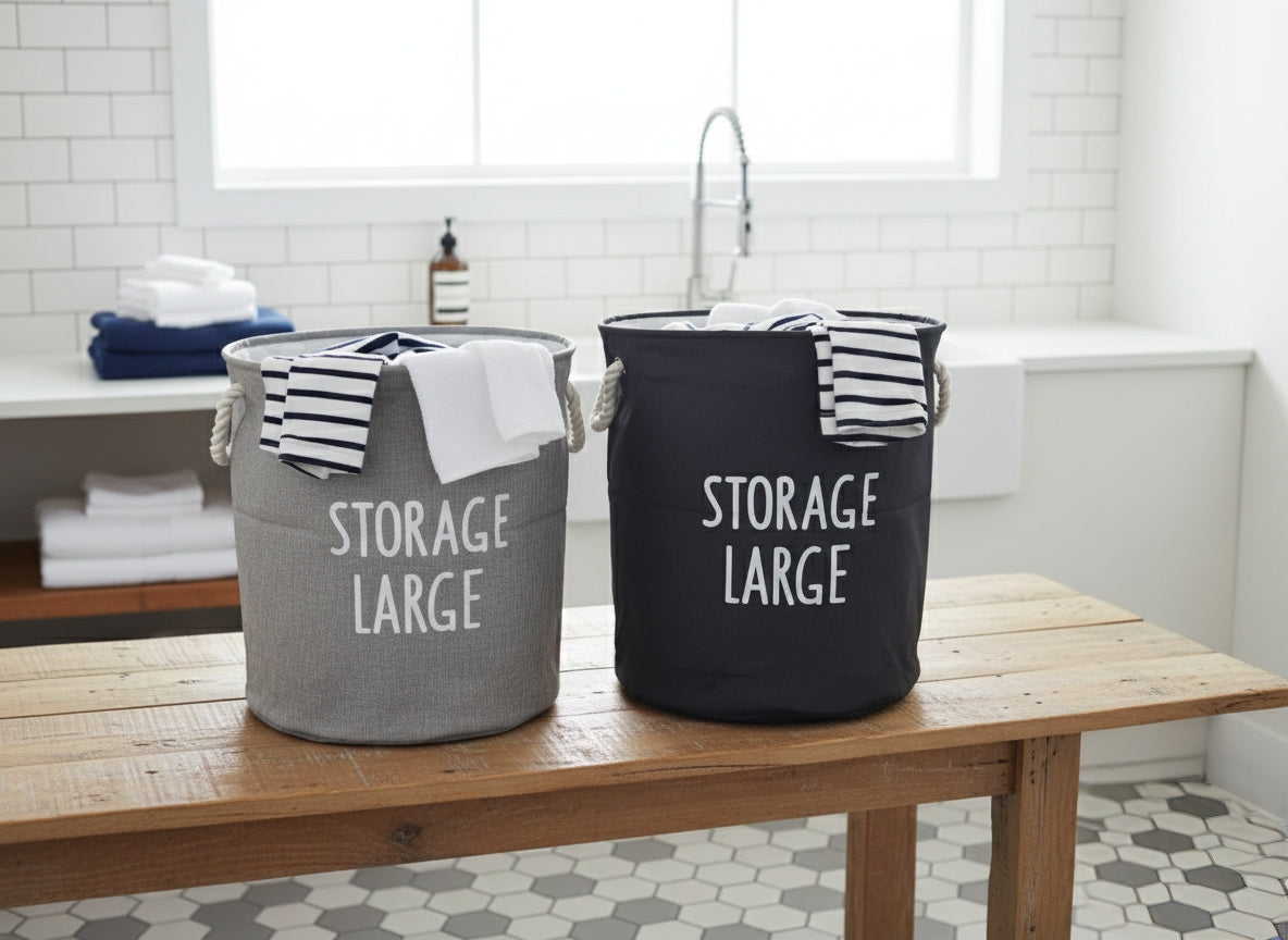 Round laundry basket in black and grey made from heavy quality material for home laundry storage