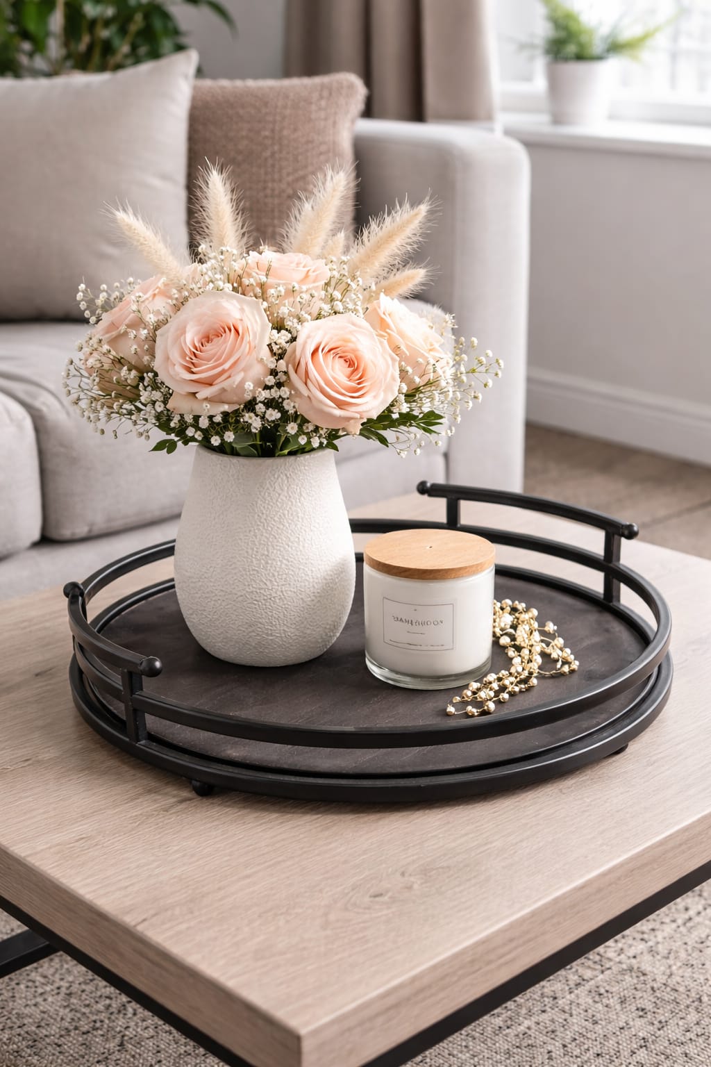 Rustic modern metal and wood round counter tray with 30cm diameter