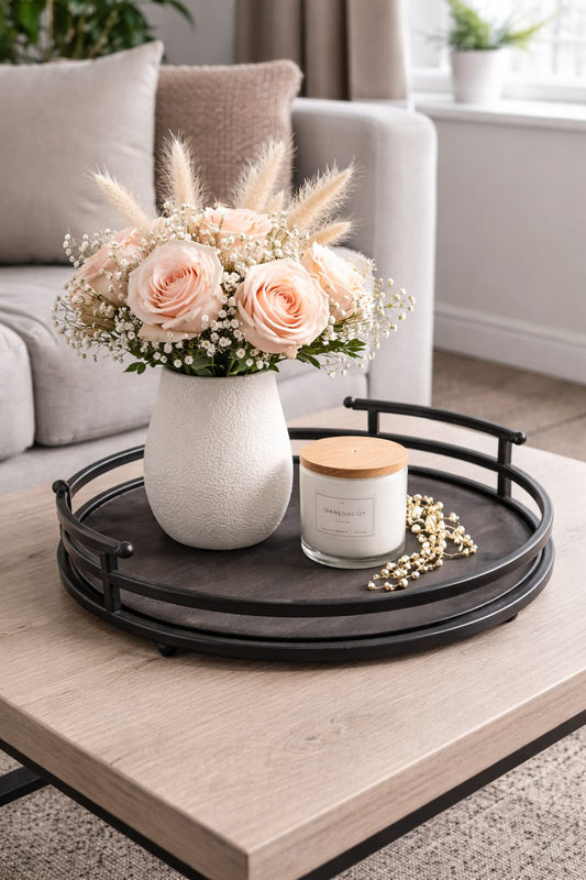 Rustic modern metal and wood round counter tray with 30cm diameter