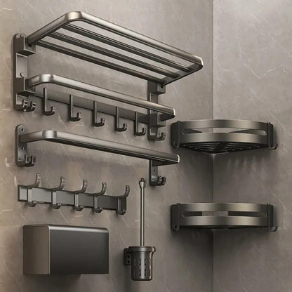 7pcs Black Aluminum Bath Towel Storage Rack Set