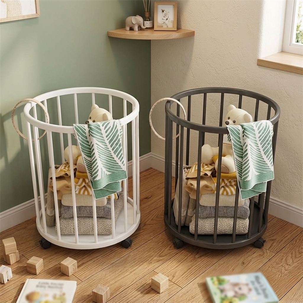 Multifunctional laundry storage basket with metal frame in black and white for organizing clothes and household items