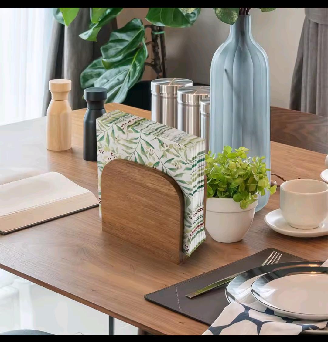 Wooden standing napkin holder designed for table and kitchen use with compact elegant design.