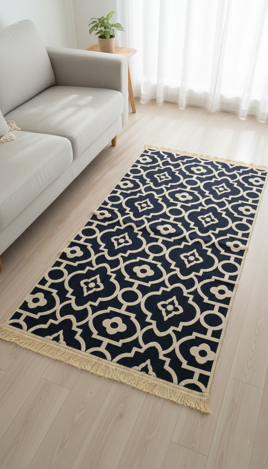 Turkey-made bohemian bedside rug, 80cm x 150cm, with colorful boho patterns.