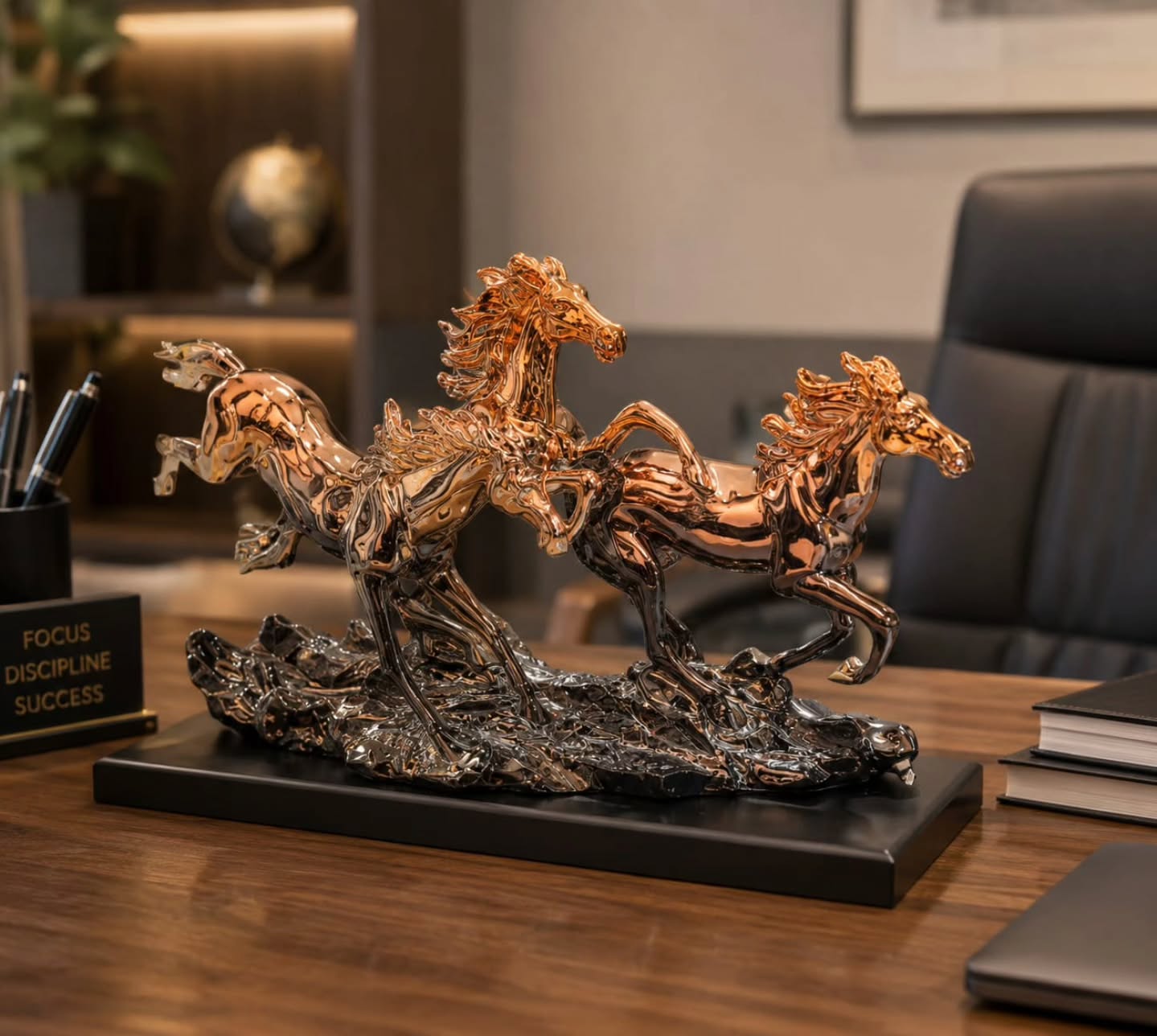 Dawood Lifestyle & Gadgets kes black and gold running horse sculpture featuring three metallic gold horses in motion on a textured glossy black base for executive office and luxury home décor.