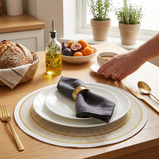 Set of six round faux leather PVC table mats with heat insulation and waterproof design for dining table protection