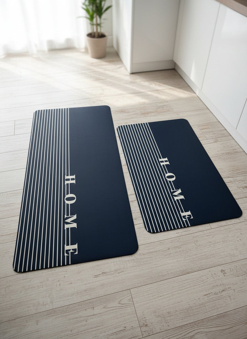 Two-piece rubber kitchen mats set with non-slip backing in large and small sizes