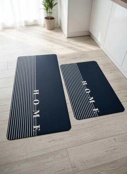 Two-piece rubber kitchen mats set with non-slip backing in large and small sizes