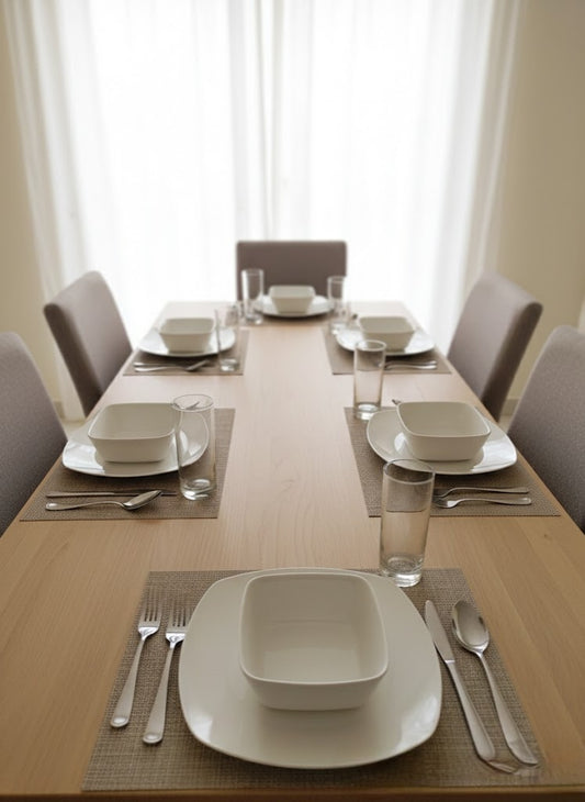 Dining set with square dinner plates and glassware, 18-piece set.